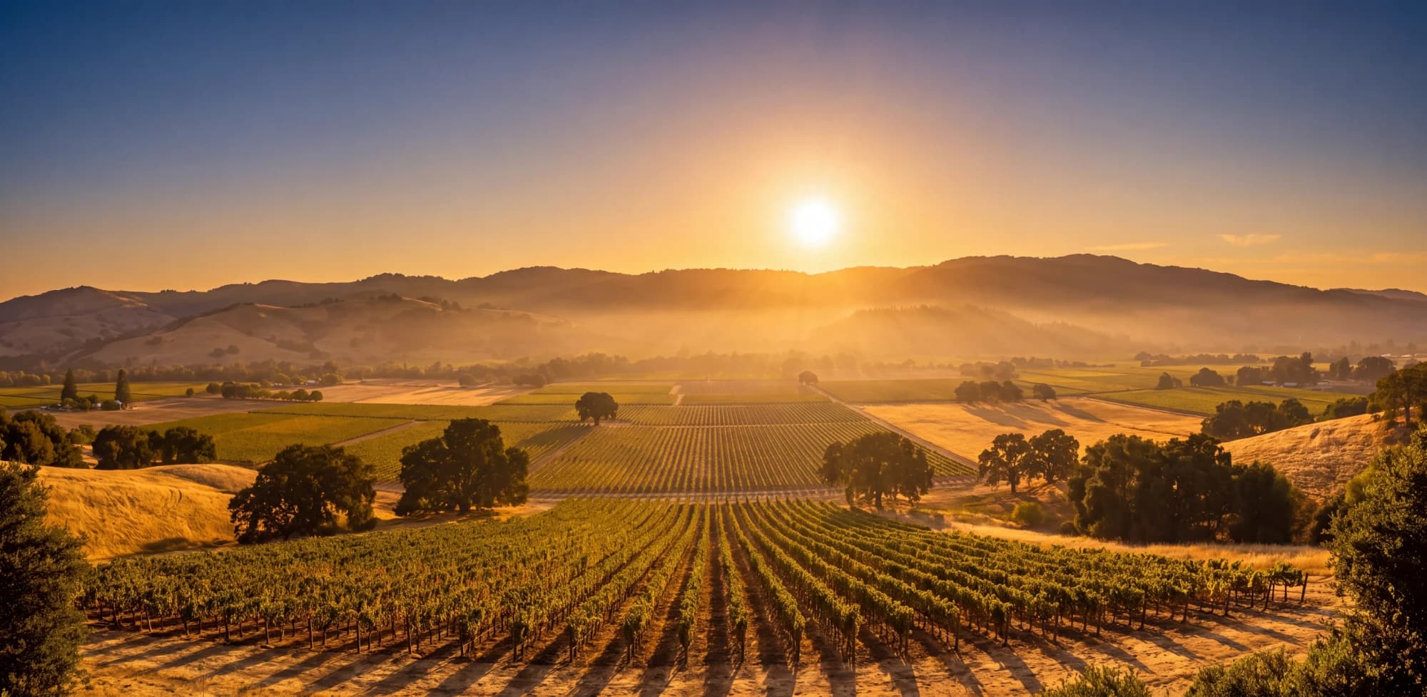 Golden hour, the sun low over the ridge and long light across the vines